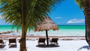 Thatched palapa umbrella and beach chairs on Isla Holbox shoreline