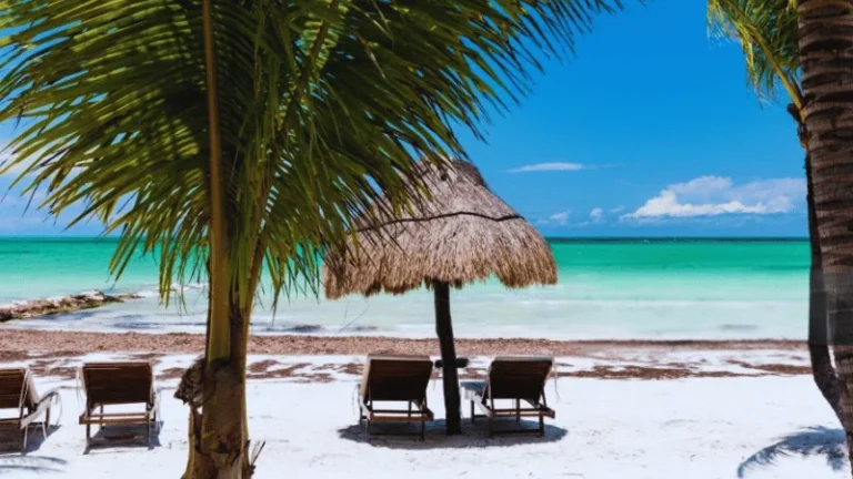 Thatched palapa umbrella and beach chairs on Isla Holbox shoreline
