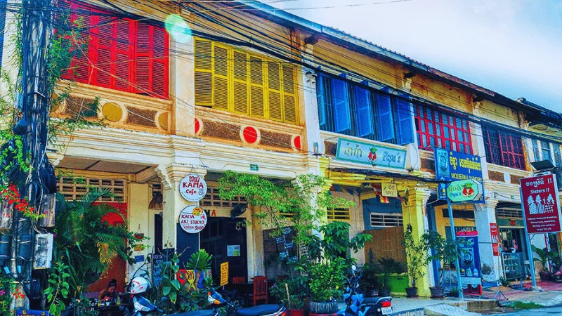 Colorful French colonial shophouses in Kampot's old town