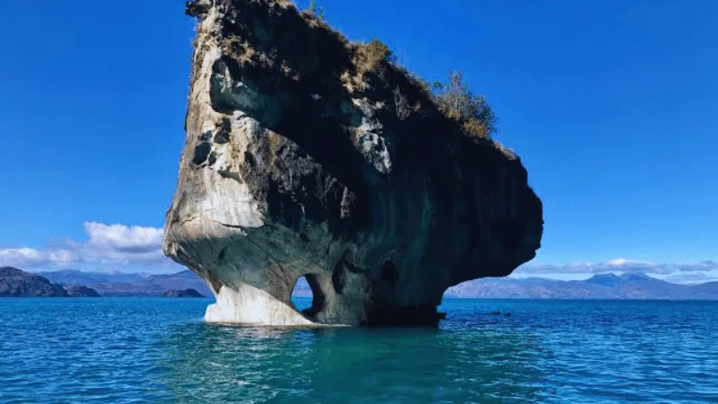 Marble Caves Chile arch formation under clear blue sky