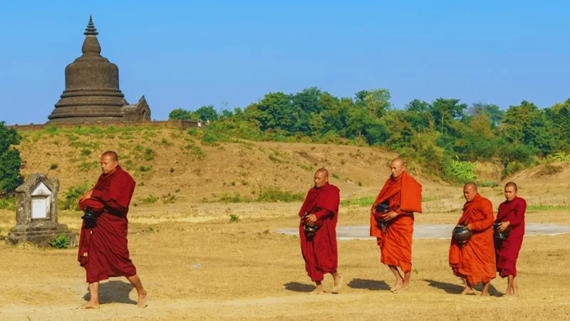 Monks in saffron robes walking near Mrauk U temple ruins