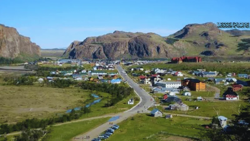 Aerial view of El Chaltén village surrounded by mountains