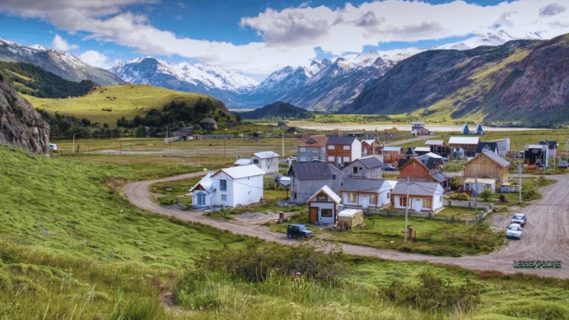 El Chaltén village in green valley with snow-capped mountains