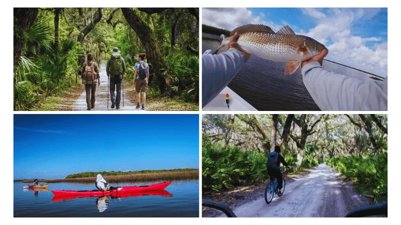 Outdoor activities on Cumberland Island National Seashore including hiking, fishing, kayaking, and cycling