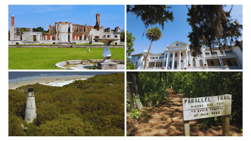 Main attractions on Cumberland Island National Seashore including Dungeness Ruins and Plum Orchard Mansion