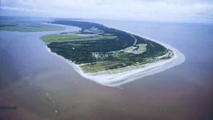 Aerial view of Cumberland Island National Seashore surrounded by ocean and marshland