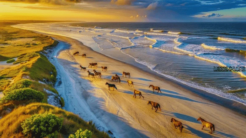 Wild horses walking along the beach at sunset on Cumberland Island National Seashore