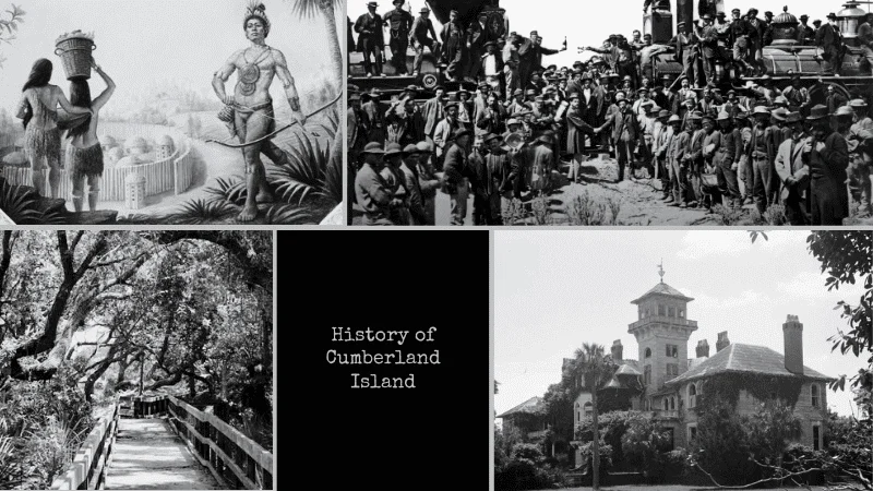 Historic photos showing the history of Cumberland Island National Seashore from Native American era to the Carnegie mansions