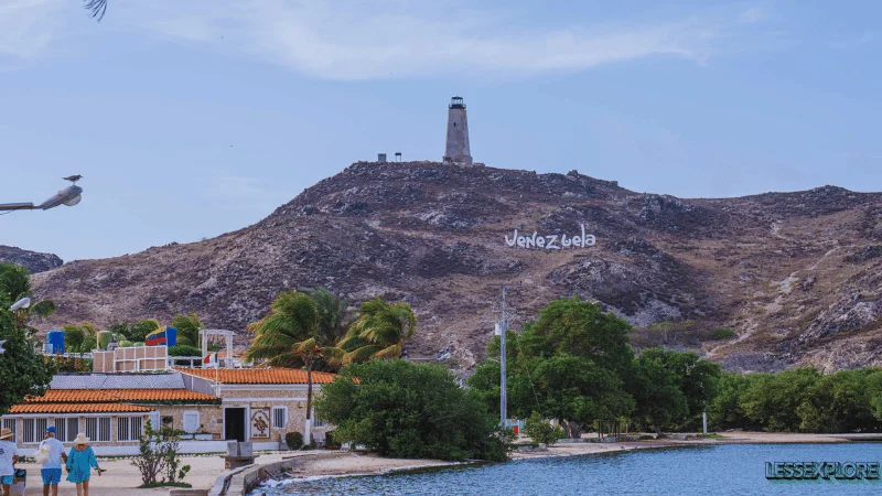 Lighthouse on a hill overlooking Los Roques Archipelago in Venezuela