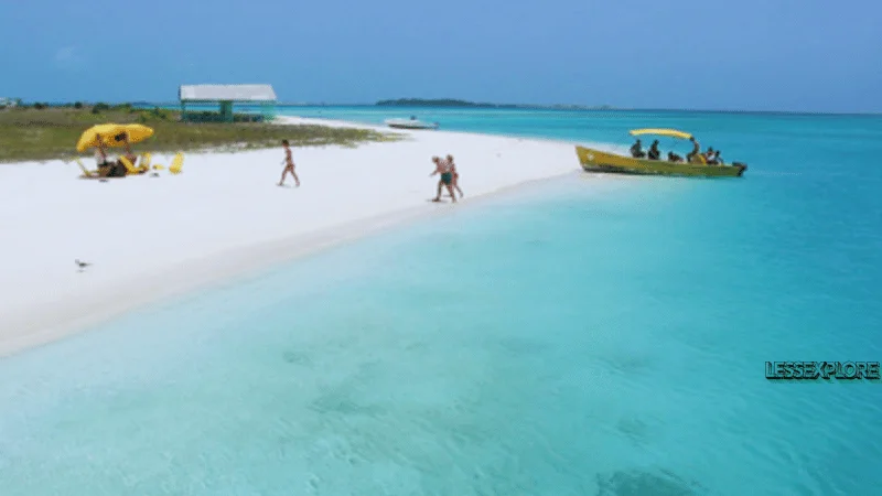Visitors relaxing under umbrellas on a beach in Los Roques Archipelago