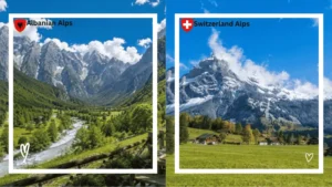 Albanian Alps vs Swiss Alps: river valley and rocky peaks beside snowy mountain and chalets