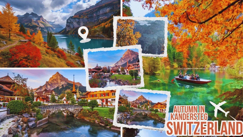 Autumn in Kandersteg with Oeschinensee lake and golden larch trees