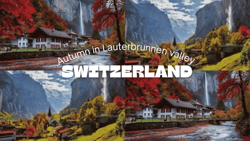 Autumn in Lauterbrunnen valley with waterfalls and colorful cliffside trees