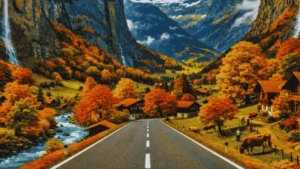 Autumn in Switzerland with golden larch trees, alpine villages, and snow-capped peaks