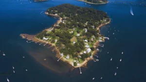 Aerial view of Dangar Island NSW surrounded by the Hawkesbury River
