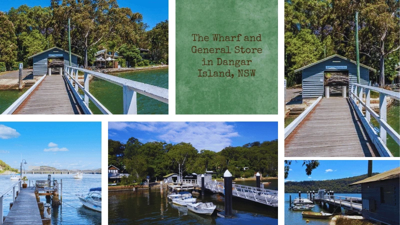 Collage of Dangar Island NSW wharf, general store, and ferry pontoon views