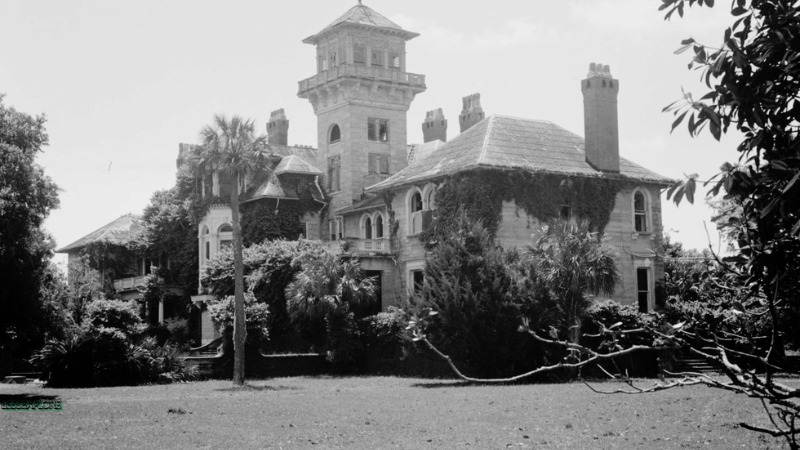 Historic photo of Dungeness mansion tower and facade before it was destroyed by fire