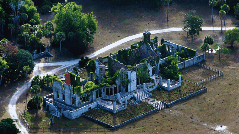 Aerial drone view of Dungeness Ruins mansion footprint on Cumberland Island Georgia