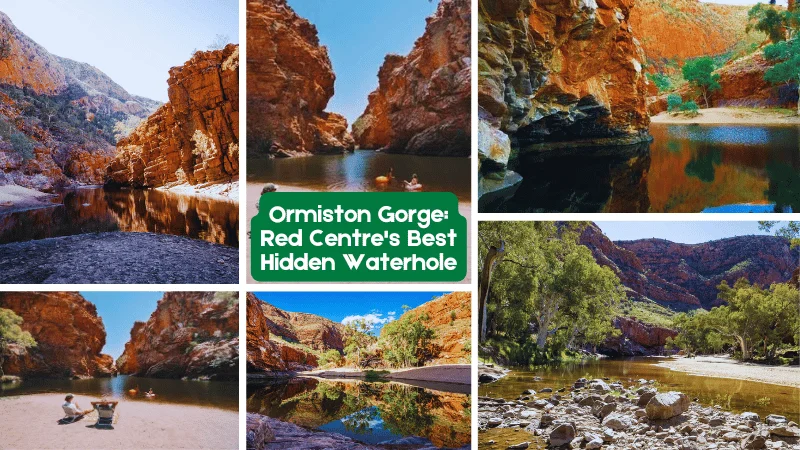 Collage of Ormiston Gorge waterhole views with red cliffs, swimmers, and ghost gums in the West