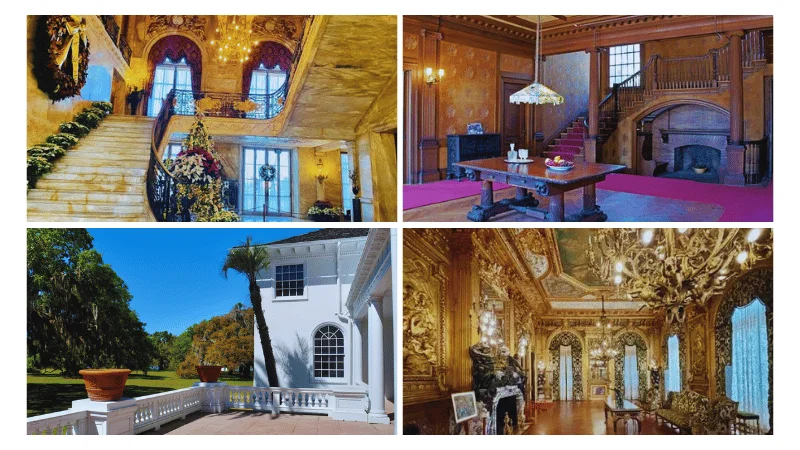 Plum Orchard Mansion interior collage showing staircases and ornate rooms