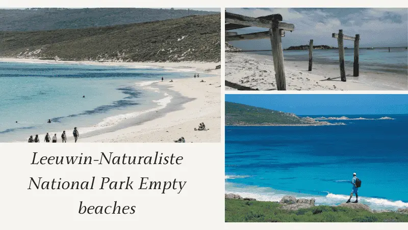 Turquoise bay with a few walkers on white sand and a hiker above the sea at Leeuwin-Naturaliste National Park
