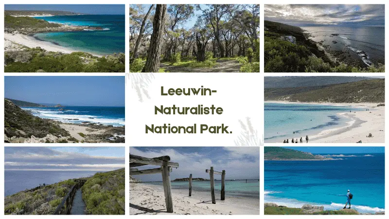 Collage of beaches, forest trails, coastal boardwalks and old jetty posts in Leeuwin-Naturaliste National Park, Western Australia
