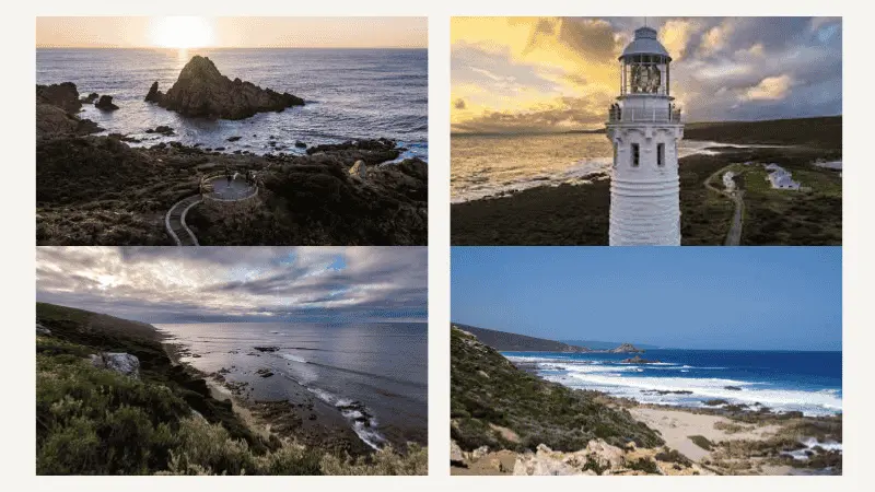 Sunset over a sea stack, a white lighthouse at golden hour and rugged coastal cliffs in Leeuwin-Naturaliste National Park