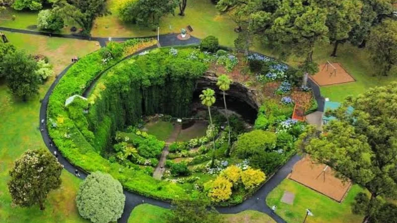 Aerial view of the Umpherston Sinkhole, a collapsed limestone cave with a ring path and blue hydrangeas